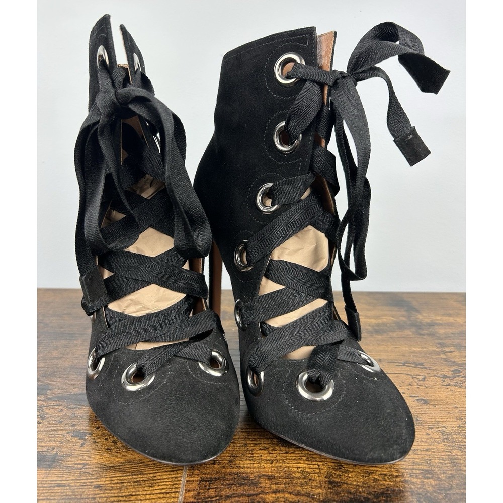 Alaia Paris Black Suede Lace Up Grommet Stiletto Ankle Boots 6W3T116CC05 Size 37
